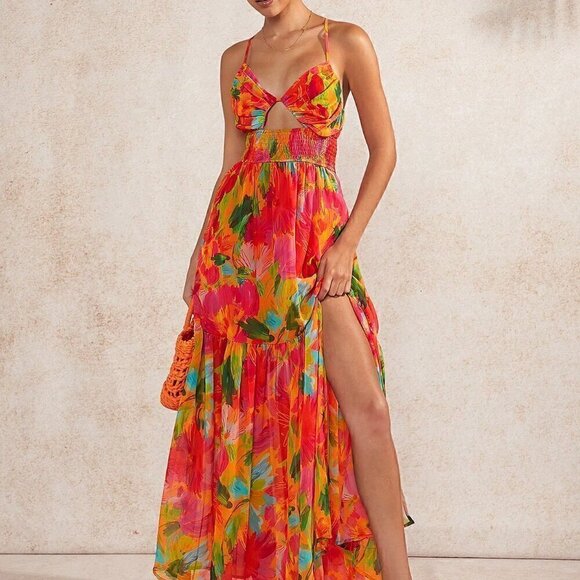 Multicolor Boho Women's Tropical Tiered Hem Backless Dress - Picture 1 of 5